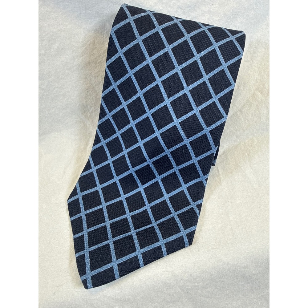 Saks Fifth Avenue Mens Silk Tie Navy Light Blue Geometric Grid Made in USA